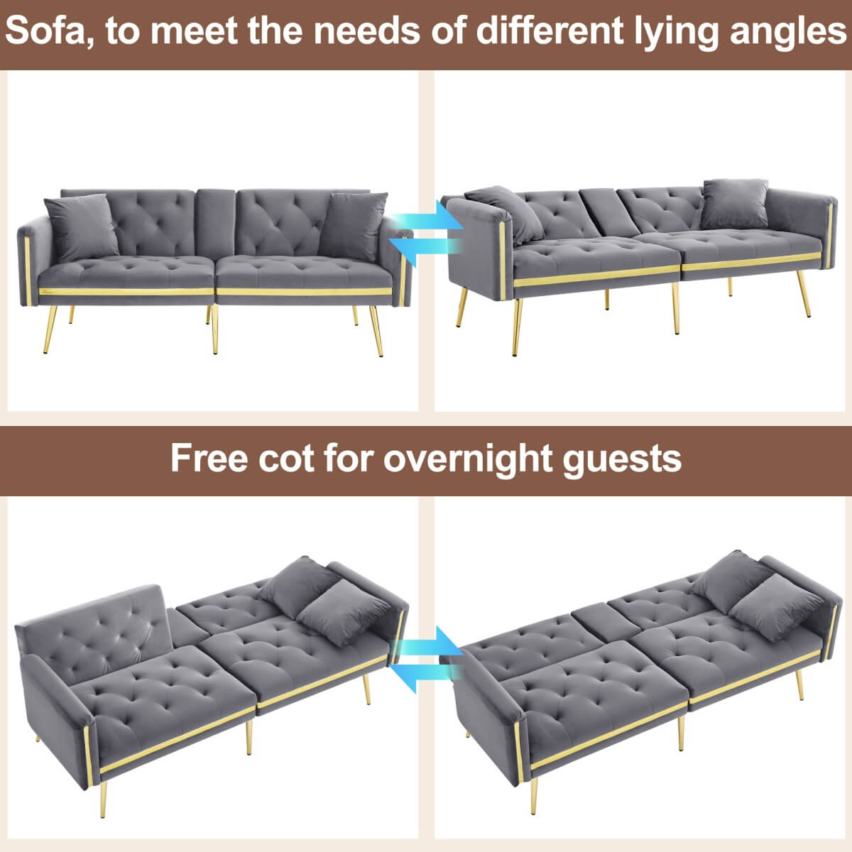 2 Seater Sofa Bed - Adjustable Backrest, Cup Holders, Convertible, Gold Accents