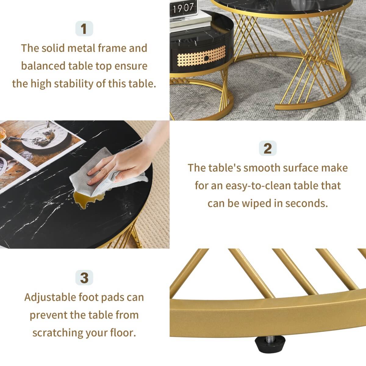 2 in 1 Round Coffee Table Set - Marble Effect Top, Rattan Drawers, Gold Metal Legs