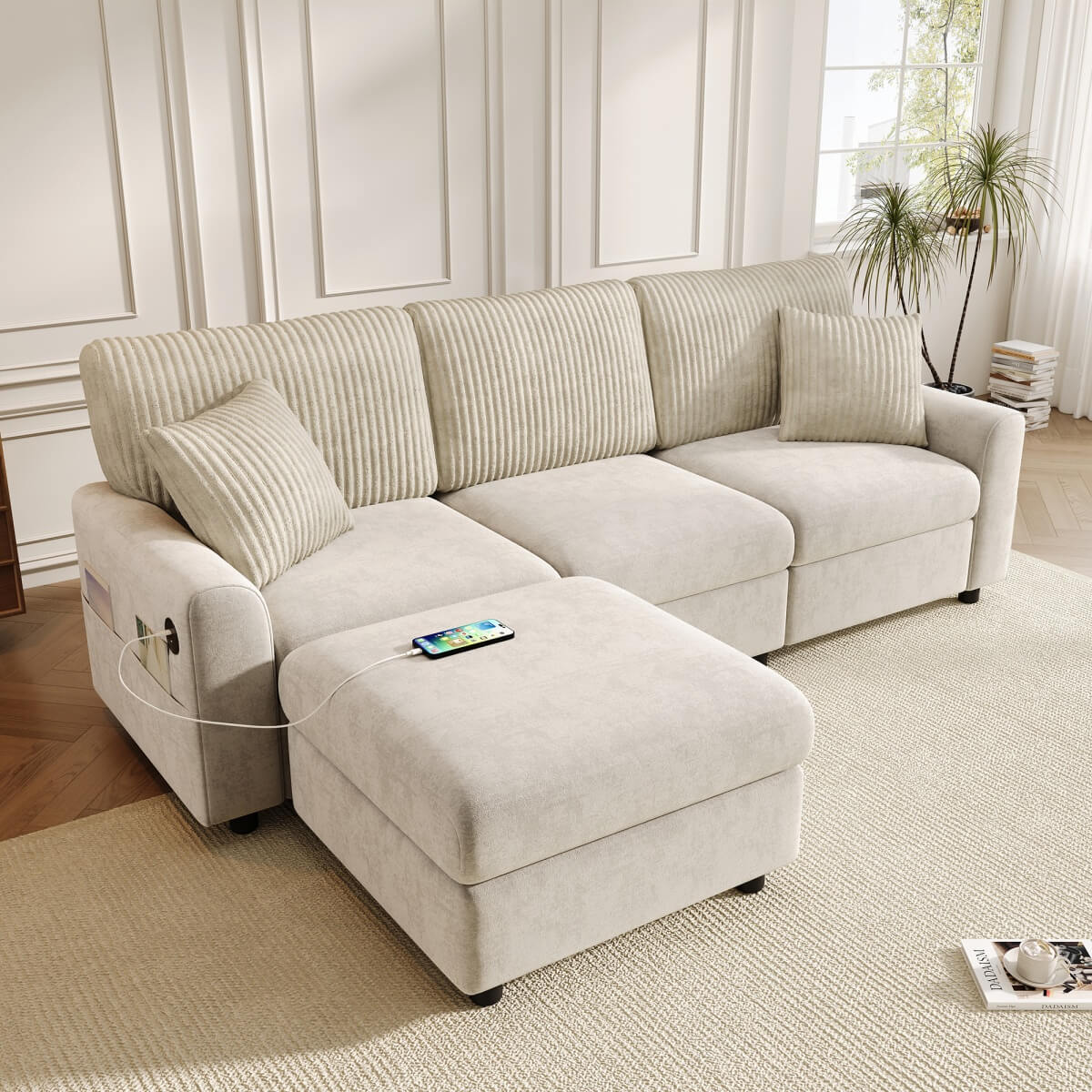 3-4 Seater Modern Sofa with Footstool - USB and Type-C Charging, Beige