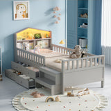 3ft Single Wooden Bed Frame, LED Lighting, Headboard Storage & Drawers, USB Charging Port, Safety Rails & Step Stool, Easy Assembly, Grey (No Mattress)