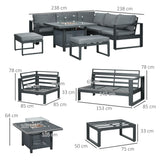 6-Piece Aluminium Garden Furniture Set, Fire Pit Table Outdoor Sofa with Cushions, Grey