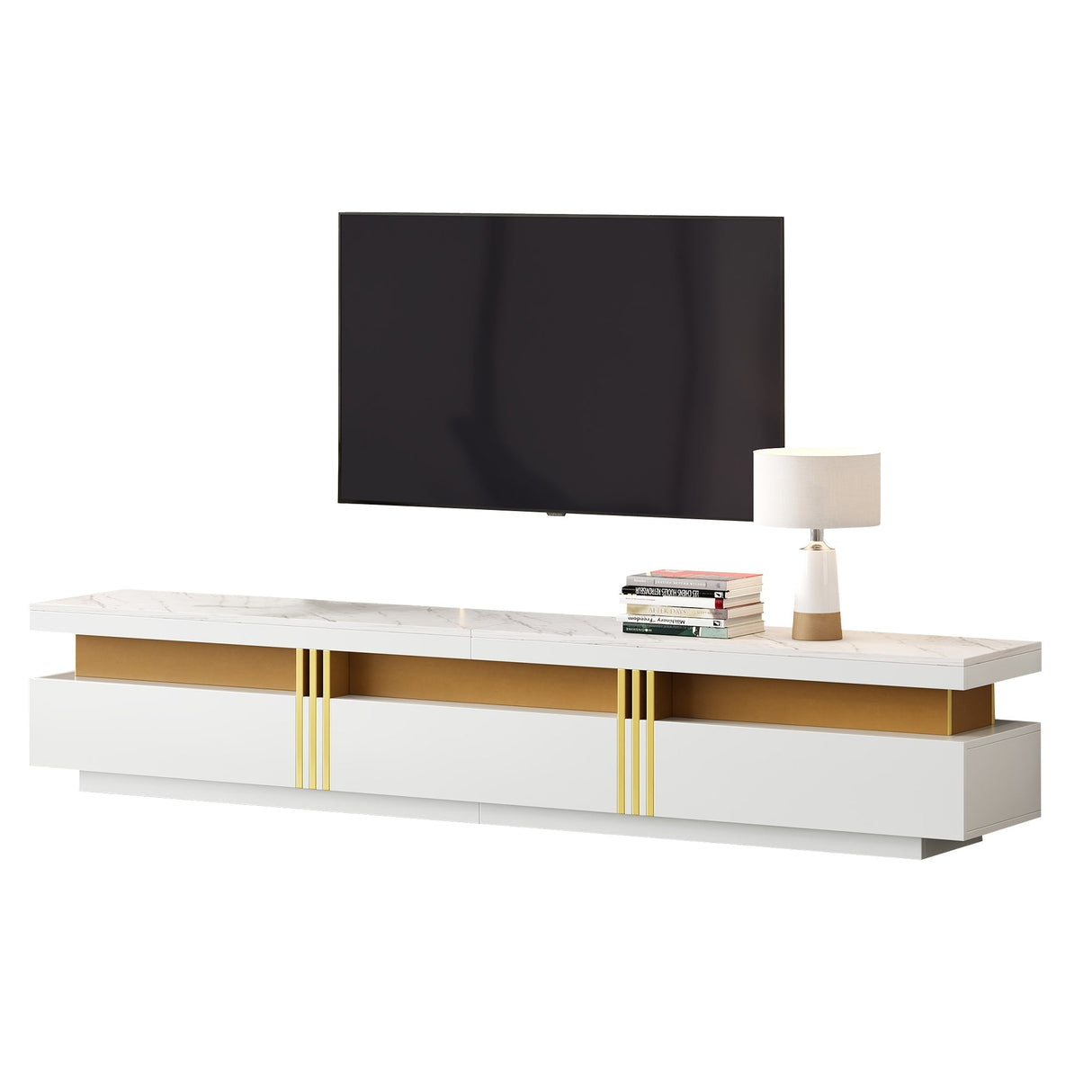 Luxury TV Stand with Faux Marble Top - White Media Console with 3 Drawers & Gold Accents