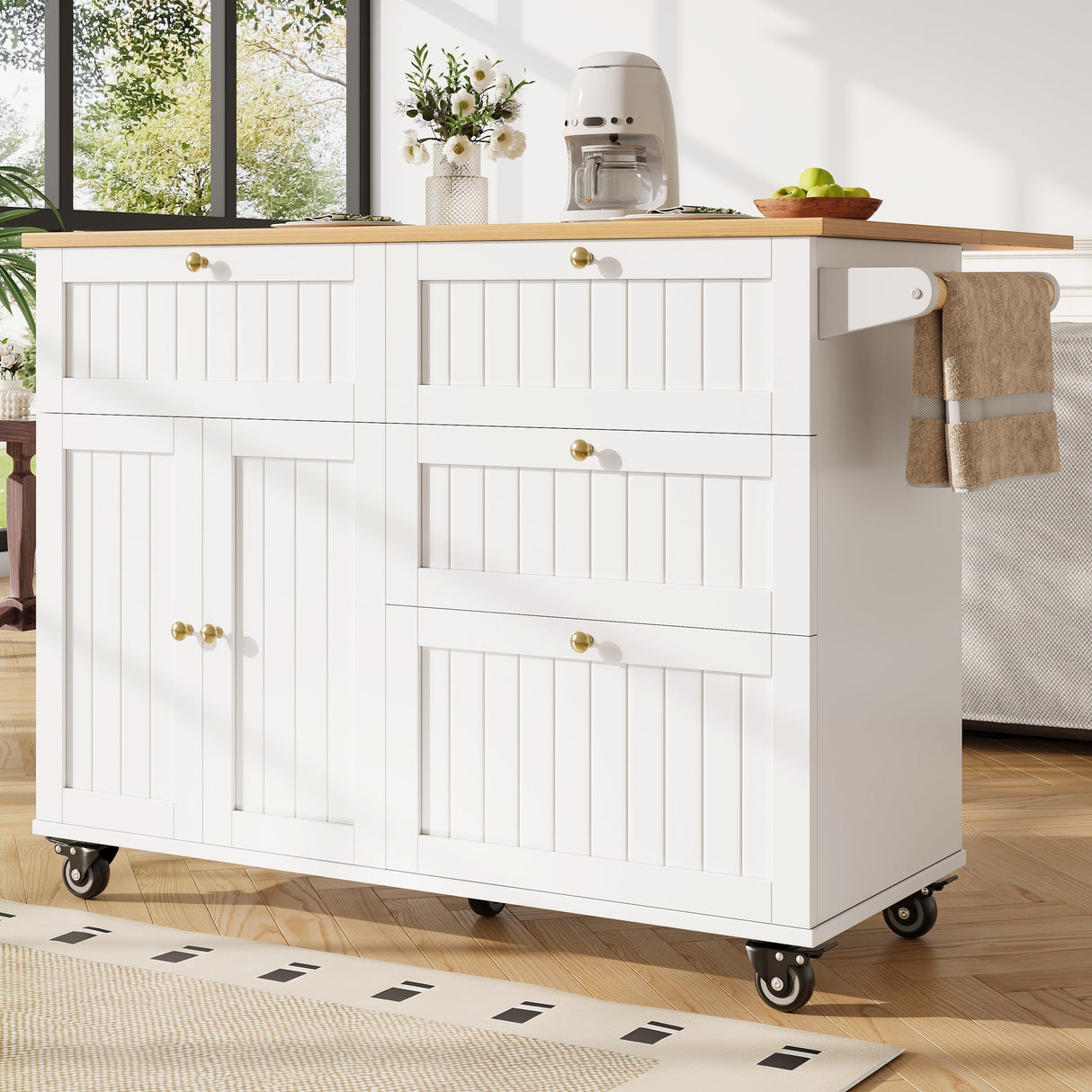 Kitchen Island, Rolling Mobile with Drawer and Storage Cabinet, Drop Leaf, Breakfast Bar, Towel Rack, White
