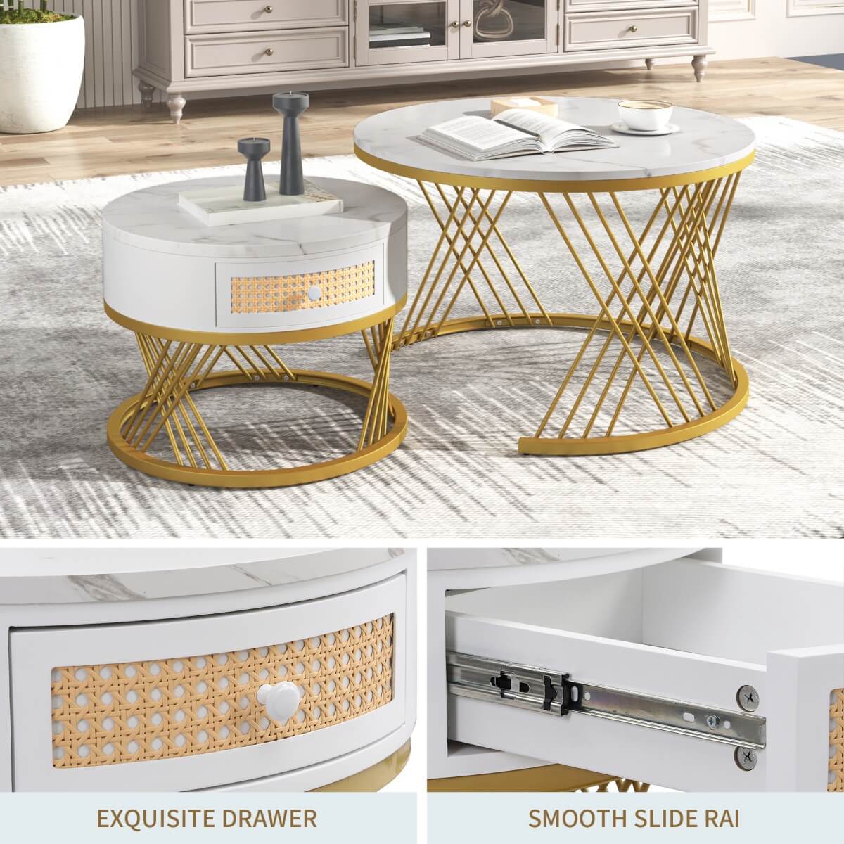 2-in-1 Round Coffee Table – Marble Effect Top, Rattan Drawers, Gold Iron Legs