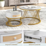 2-in-1 Round Coffee Table – Marble Effect Top, Rattan Drawers, Gold Iron Legs