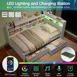 3ft Single Wooden Daybed with Storage Drawers - LED Bed Frame with Bedside Storage and Charging Station, White