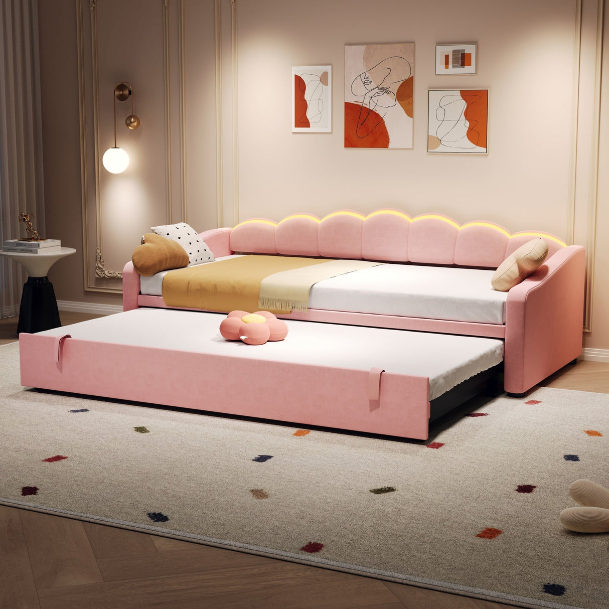 Upholstered Bed 90x190cm with RGB LED Lighting and Pull Out Trundle, Velvet, Pink