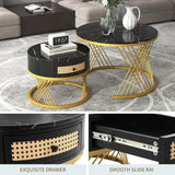 2 in 1 Round Coffee Table Set - Marble Effect Top, Rattan Drawers, Gold Metal Legs