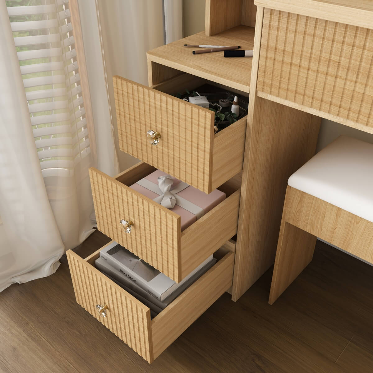 Modern Makeup Vanity Desk - 3-Mode Adjustable LED Lights, 4 Drawers, Open Storage Shelves, Hair Dryer Holder, Power Socket & Dressing Stool, Natural