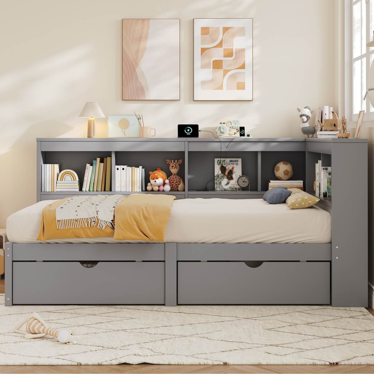 3ft Single L-Shape Daybed with 2 Storage Drawers & Bookcase - Modern Wooden Bed Frame with Charging Station, Grey