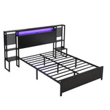 4ft6 Double Metal Bed Frame with LED Lights and Integrated Bedside Table - Black Iron Bed with 2 USB-A Ports and 1 USB-C Charging Port