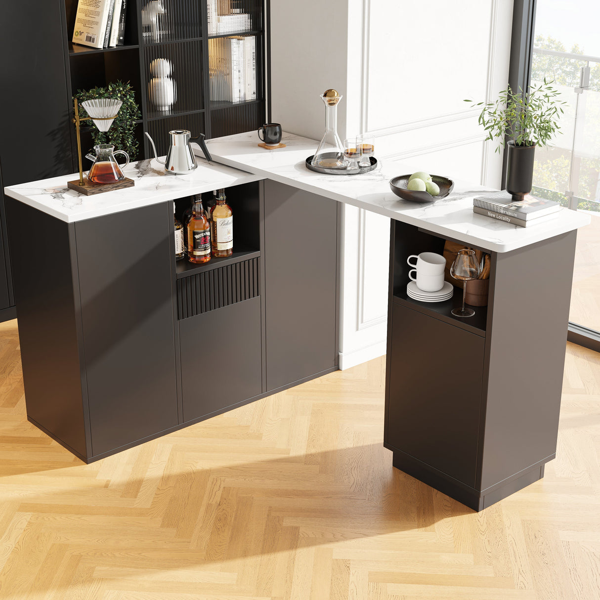 360¡ã swivelling bar table (main body 198.5 x 30 x 75 cm), modern and sleek design, with open storage space and marble worktop, suitable for kitchen, living room and dining room, black