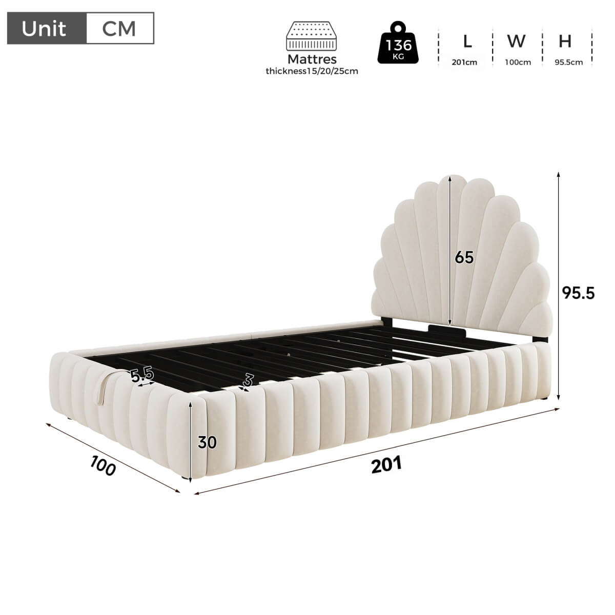 3ft Single Kids Storage Bed - Velvet Princess Bed with Shell-Shaped Padded Headboard & Hydraulic Lift-Up Storage, Beige