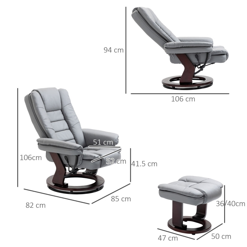 Recliner Chair with Footstool, 130kg Capacity, 135?? Reclining Swivel, PU Leather Grey
