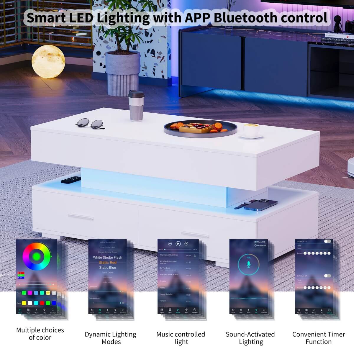 LED Lift Top Coffee Table - Hydraulic Storage Coffee Table with Drawers for Living Room, White