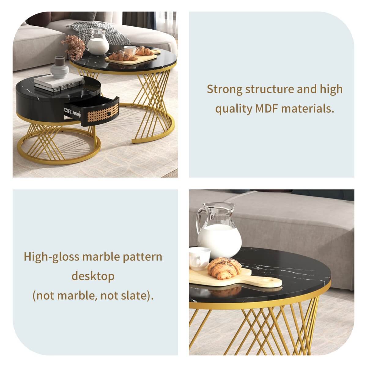 2 in 1 Round Coffee Table Set - Marble Effect Top, Rattan Drawers, Gold Metal Legs