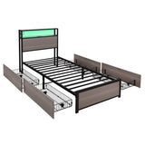 3FT Metal Bed Frame with LED Lights & 4 Drawers - Single Storage Bed with USB & Type-C Charging, Grey