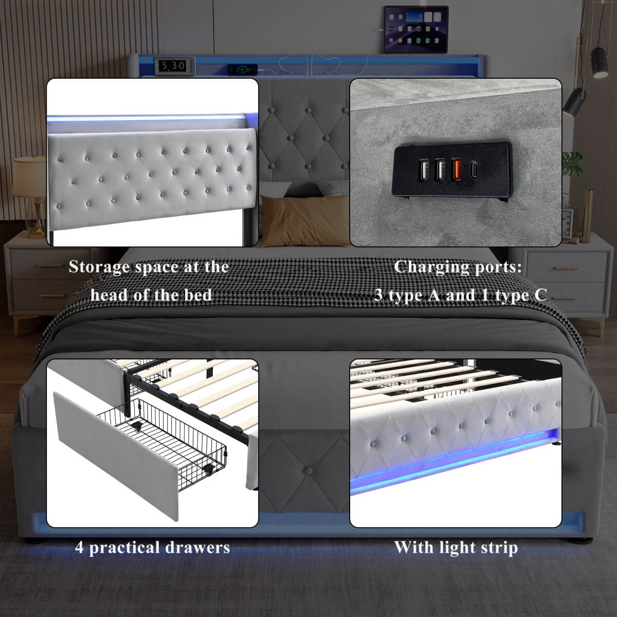 4ft6 Double Upholstered Storage Bed - Velvet Bed Frame with 4 Drawers, LED Light Strips & Charging Socket, Grey