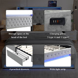 4ft6 Double Upholstered Storage Bed - Velvet Bed Frame with 4 Drawers, LED Light Strips & Charging Socket, Grey