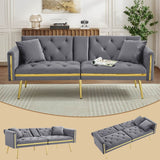 2 Seater Sofa Bed - Adjustable Backrest, Cup Holders, Convertible, Gold Accents