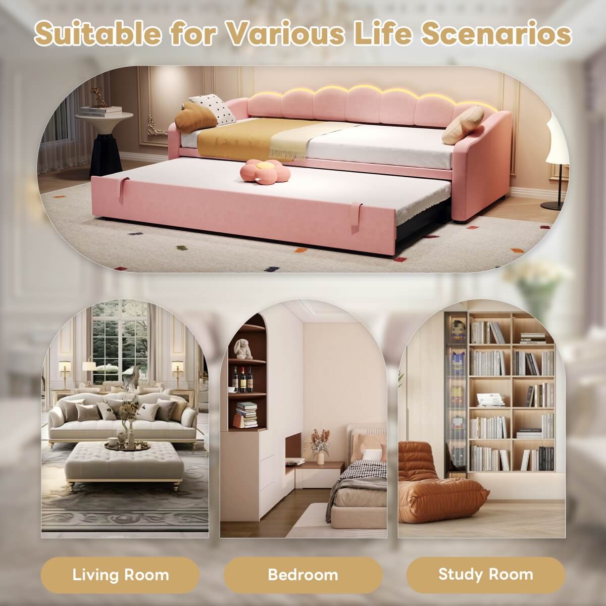 3ft Single Velvet Daybed with Pull-Out Trundle Bed - Petal-Shaped Upholstered Bed Frame with RGB LED Lights, Pink