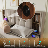 4ft6 Double Ottoman Bed Frame - Upholstered Storage Bed with Wireless Charging & USB C, Natural