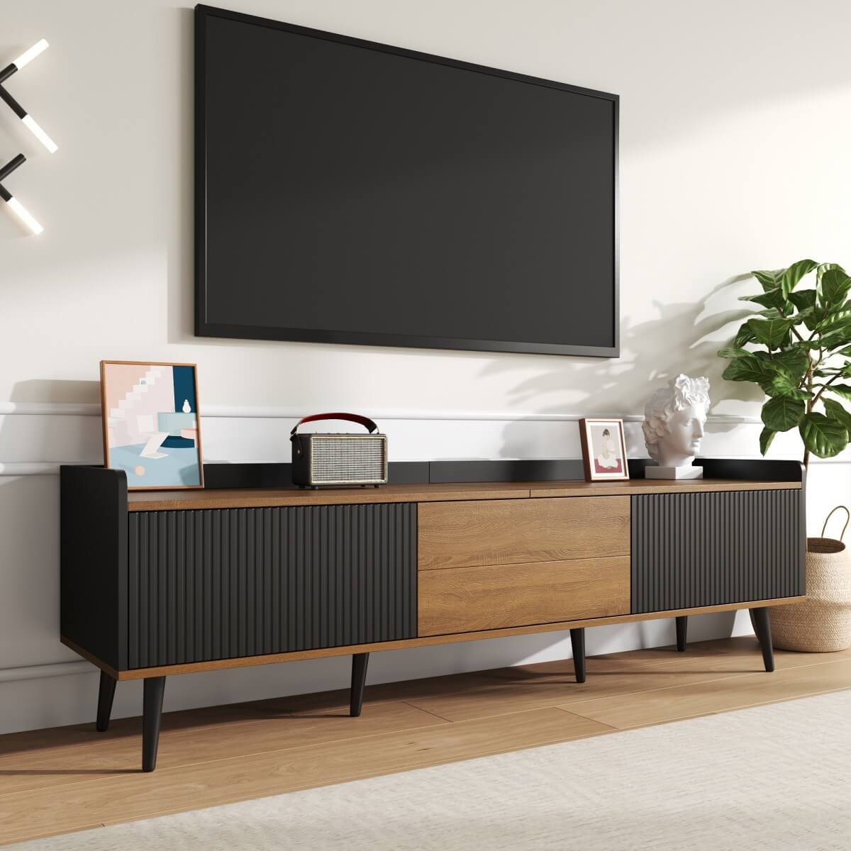 3-Door TV Cabinet – Black & Natural Wood Finish, Compact TV Stand for Living Room