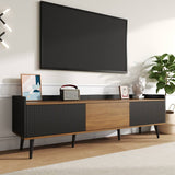 3-Door TV Cabinet – Black & Natural Wood Finish, Compact TV Stand for Living Room