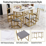 6 Seater Dining Table Set – White Table with Grey Upholstered Chairs, Gold Metal Frame, Modern Dining Room Furniture Set