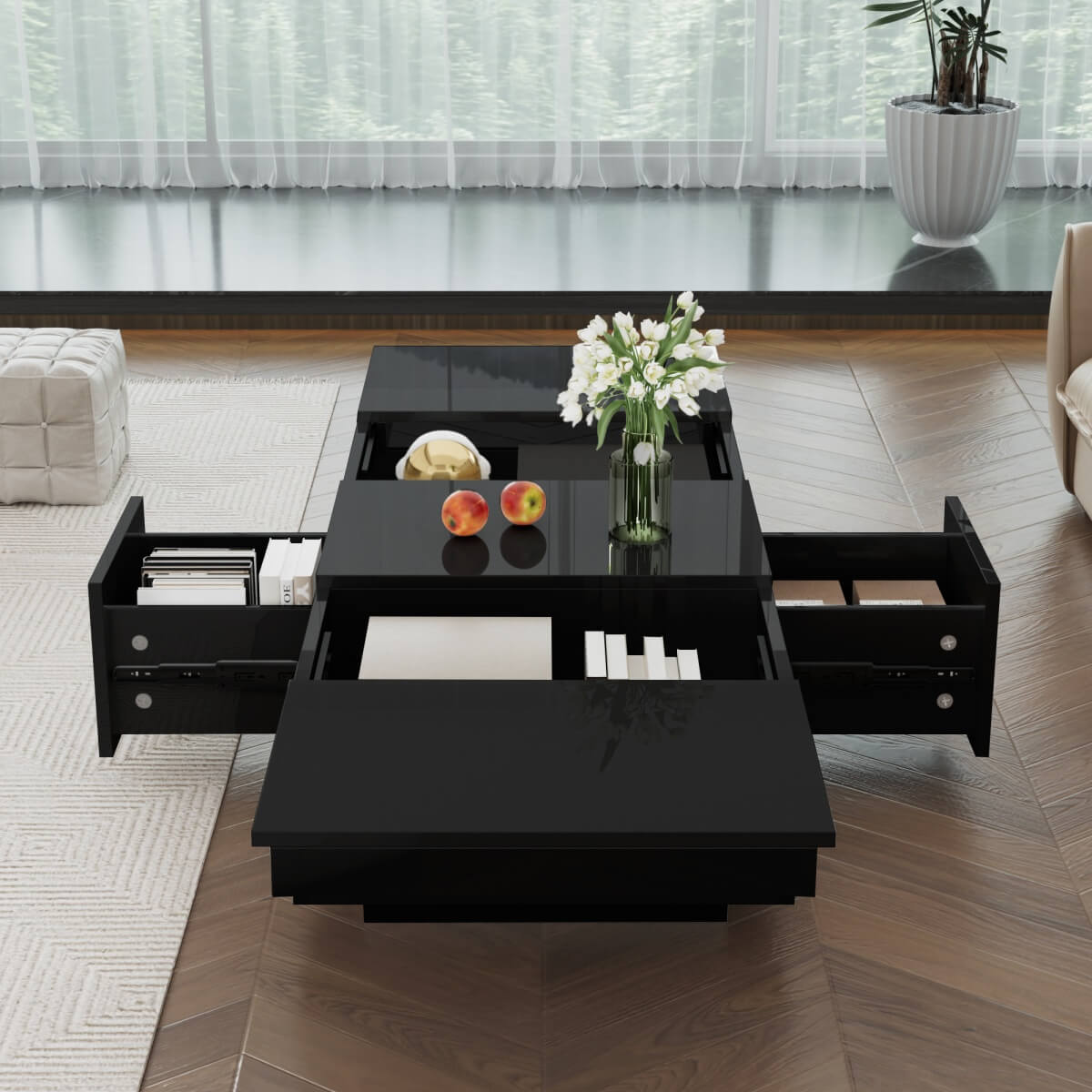 High Gloss Black Coffee Table with Storage - Push-to-Open Drawers, Modern Living Room Table