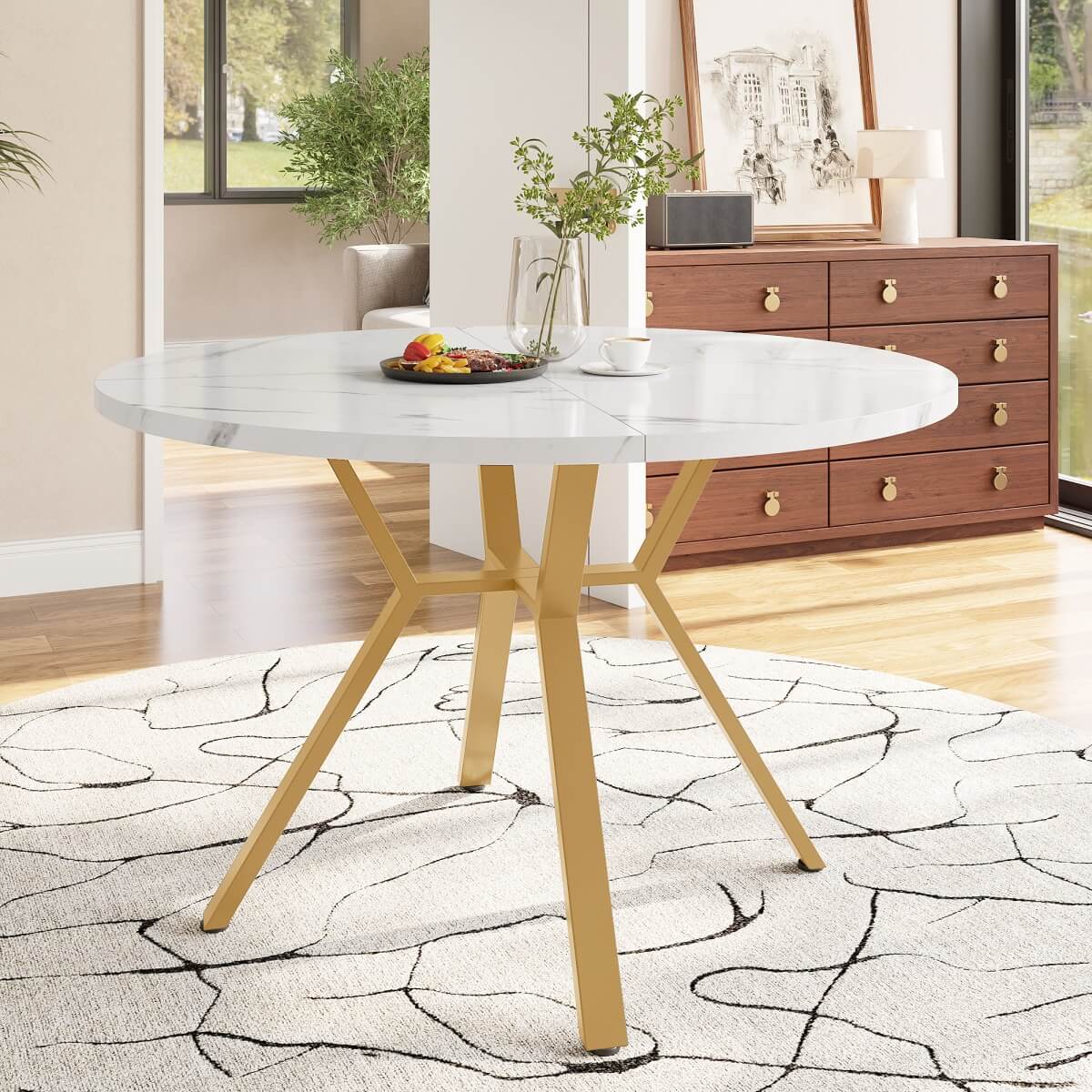 Round Marble Dining Table with X-Shaped Metal Base - Modern & Durable Table