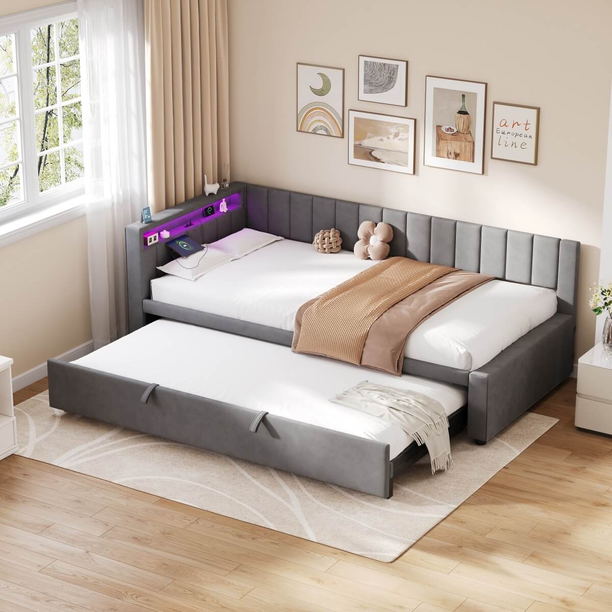 3ft Single Velvet Daybed with Trundle - Reversible Sofa Bed with RGB LED Lights and Charging Station, Grey