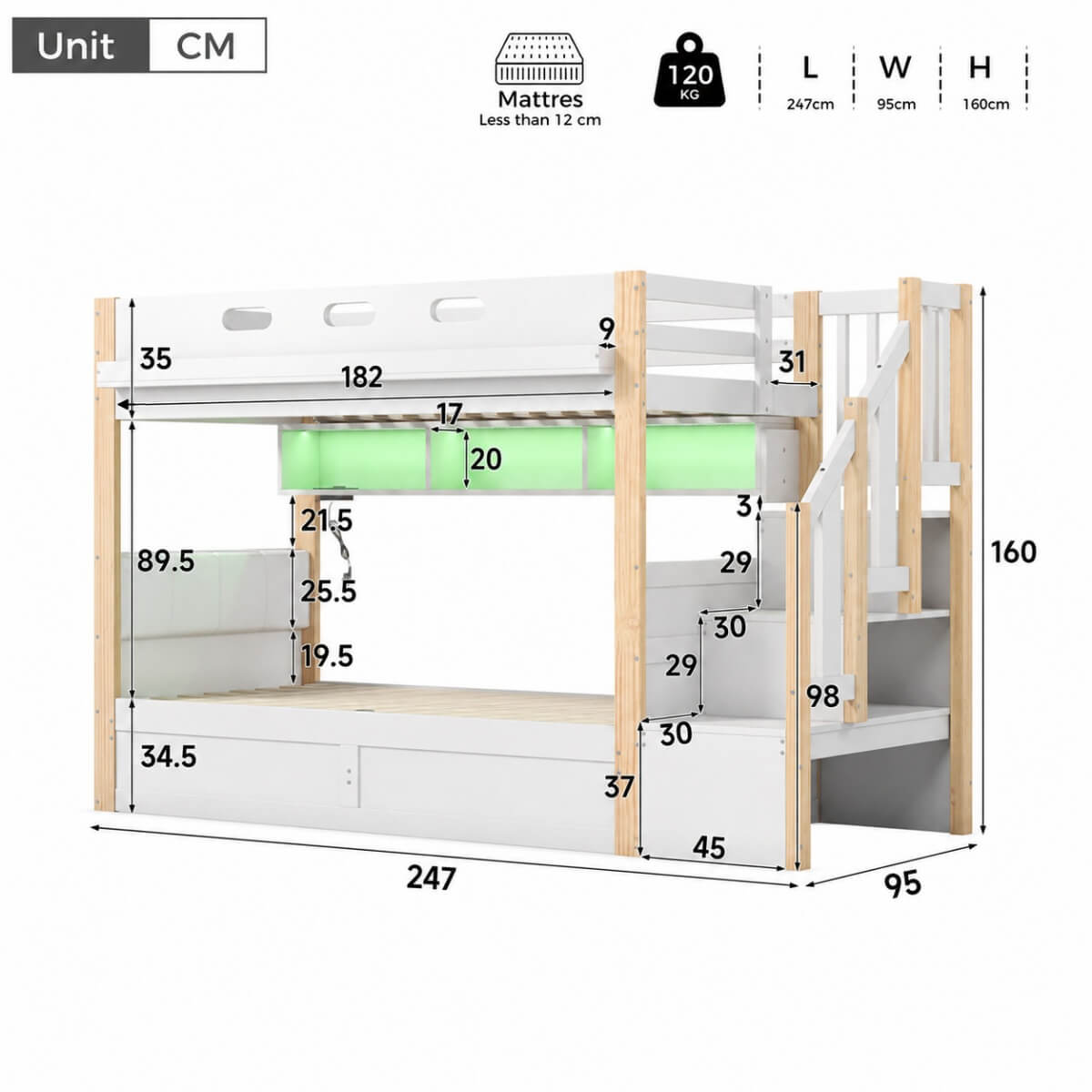 3ft Single Wooden Bunk Bed with Hydraulic Lower Bed - Solid Wood Kids Bed with Storage Stairs, LED Lights and USB Charging, White and Natural