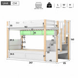 3ft Single Wooden Bunk Bed with Hydraulic Lower Bed - Solid Wood Kids Bed with Storage Stairs, LED Lights and USB Charging, White and Natural