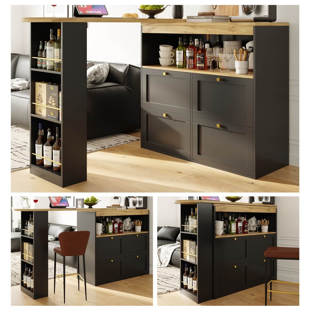 Modern Swivel Bar Table with 4 Drawers - 360-Degree Rotating Design with Open Shelves, Freestanding Dining Table