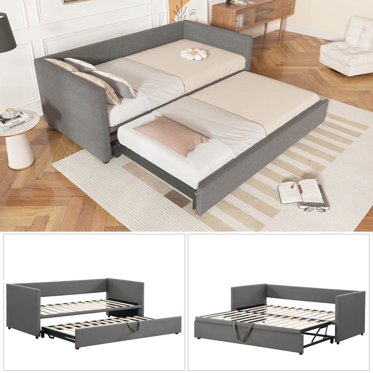 3ft Upholstered Daybed with Pull-Out Trundle - Convertible Single to Double Bed, Linen Grey