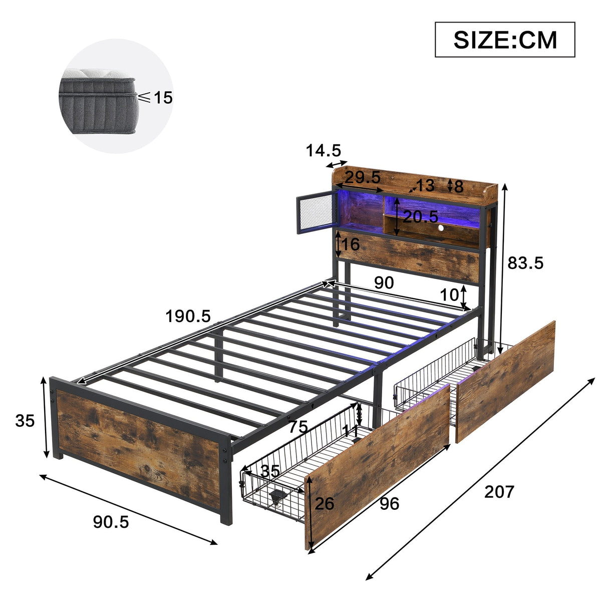 Metal Bed, 3FT Single with LED Light Strip, 2 Drawers & 3 Charge Ports, Durable & Sturdy, Black Iron & Wood Color