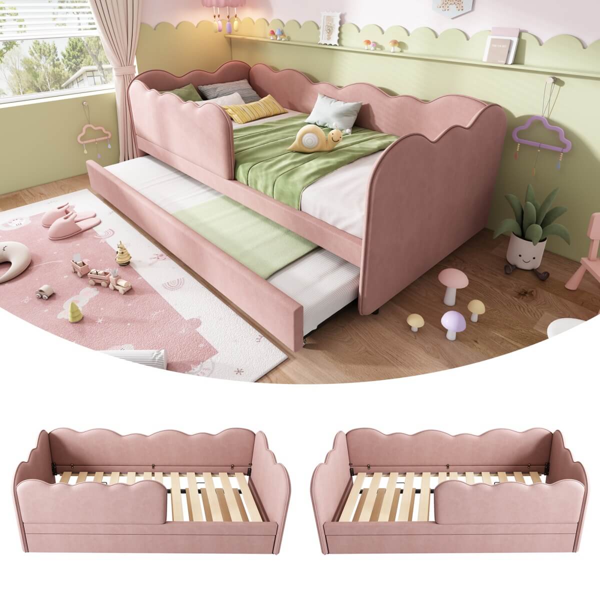 3ft Single Velvet Daybed with Pull-Out Trundle - Pink Upholstered Bed