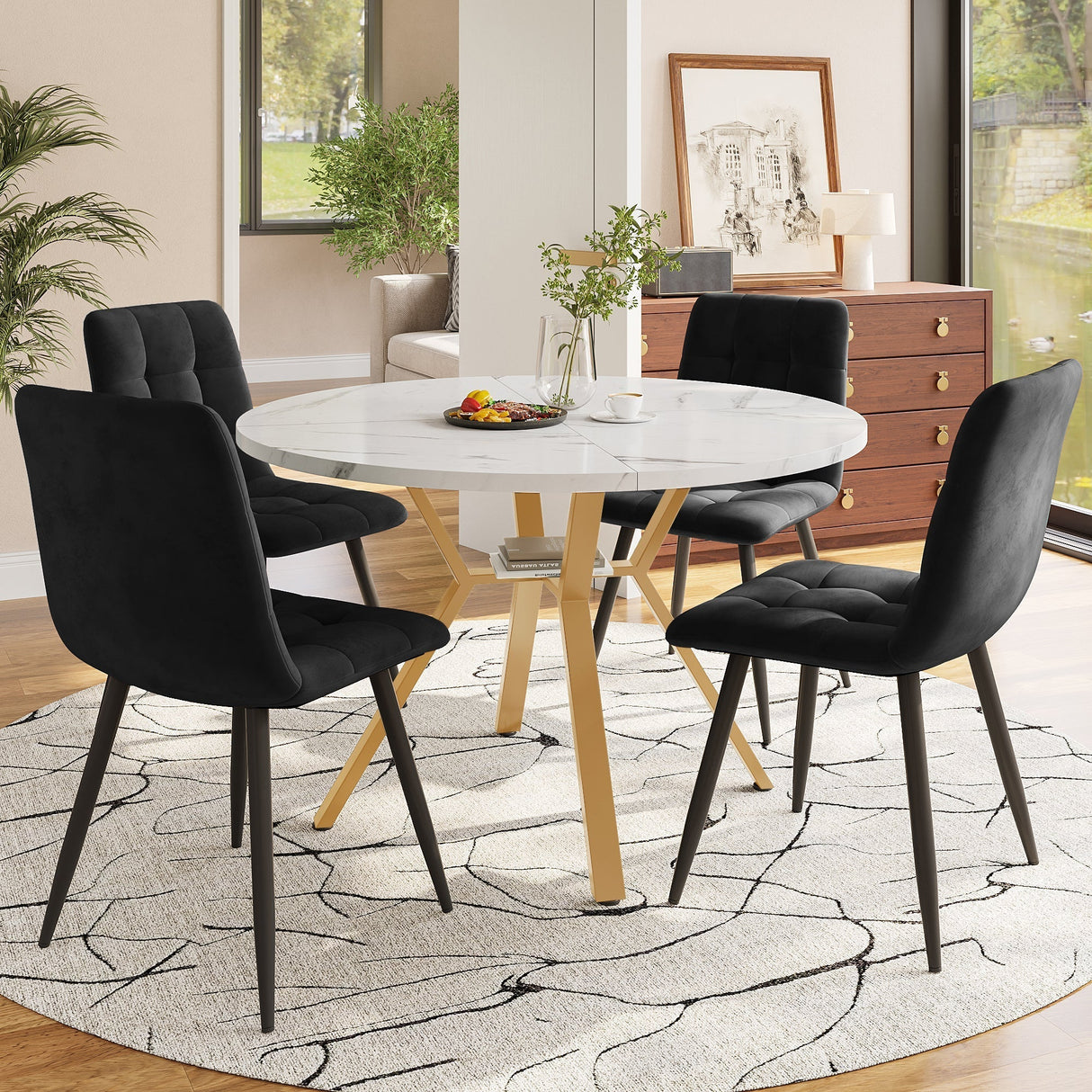 Dining table set (5-piece), modern round marble with gold metal legs + 4 ergonomic velvet chairs, black