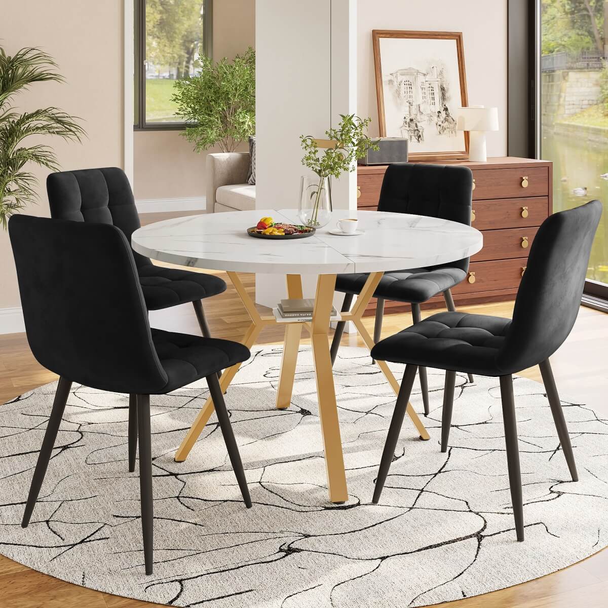 Round Marble Dining Table with X-Shaped Metal Base - Modern & Durable Table