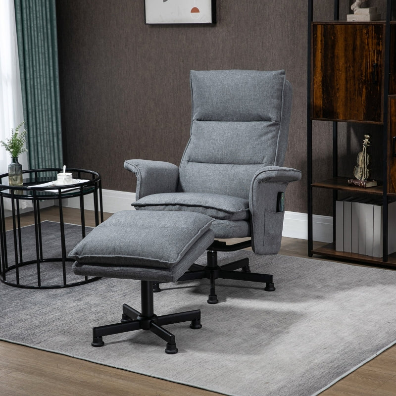 Swivel Recliner Chair and Footstool with Massage, Timer, Steel Base, Upholstered Grey