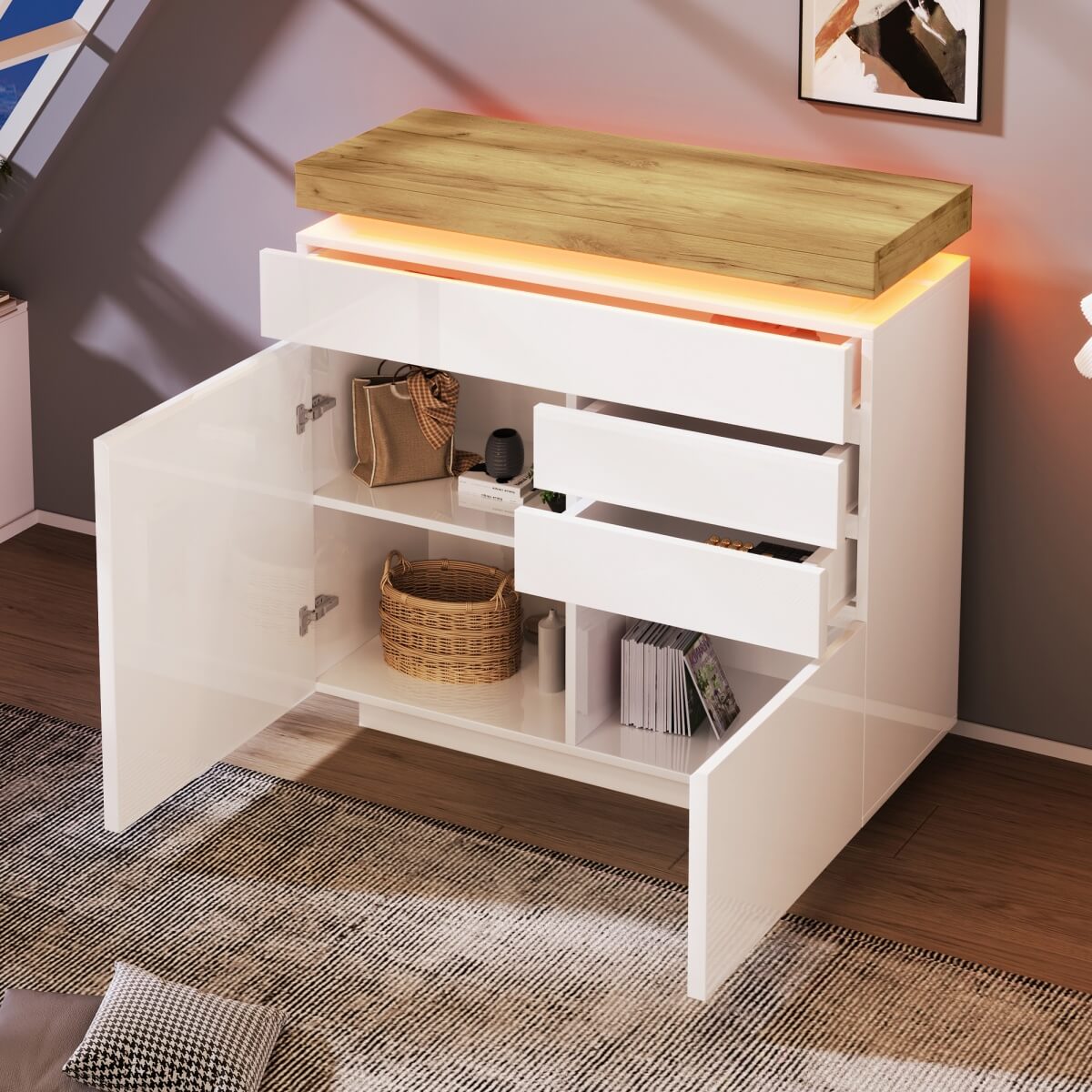 High Gloss Sideboard Cabinet with 2 Doors & 3 Drawers - RGB LED Storage Chest of Drawers for Living Room & Bedroom, White