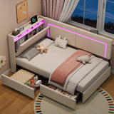 3ft Single Daybed with Two Storage Drawers, LED Concealed Headboard Storage with Charging Station, Modern Linen Sofa Bed for Living Room/ Bedroom/ Study Room, 90X190cm, Beige (No Mattress)