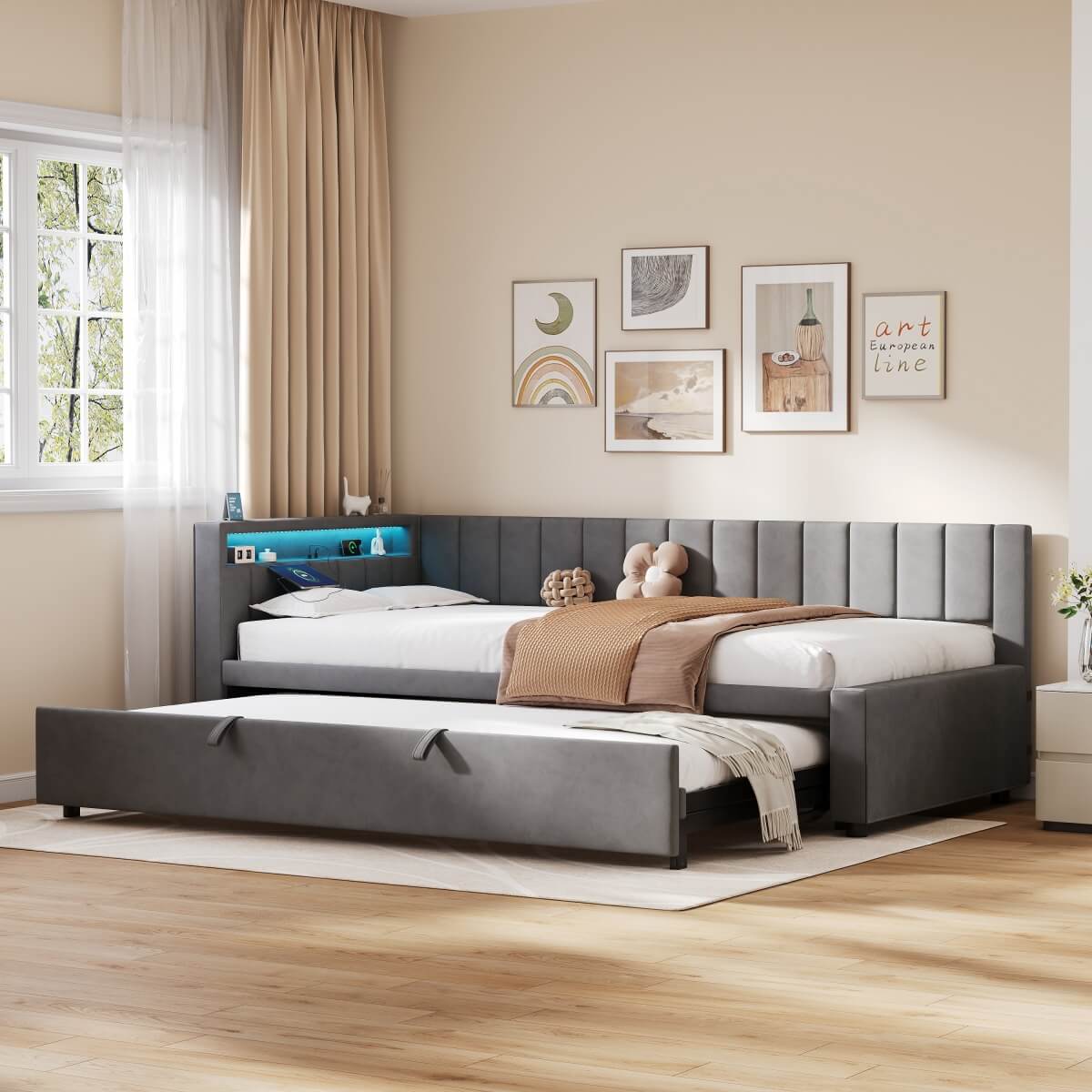 3ft Single Velvet Daybed with Trundle - Reversible Sofa Bed with RGB LED Lights and Charging Station, Grey