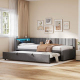 3ft Single Velvet Daybed with Trundle - Reversible Sofa Bed with RGB LED Lights and Charging Station, Grey
