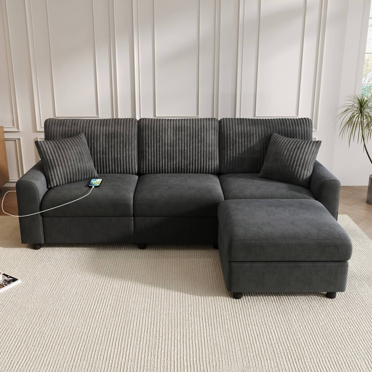 3-4 Seater Modern Sofa with Footstool - USB and Type-C Charging, Dark Grey