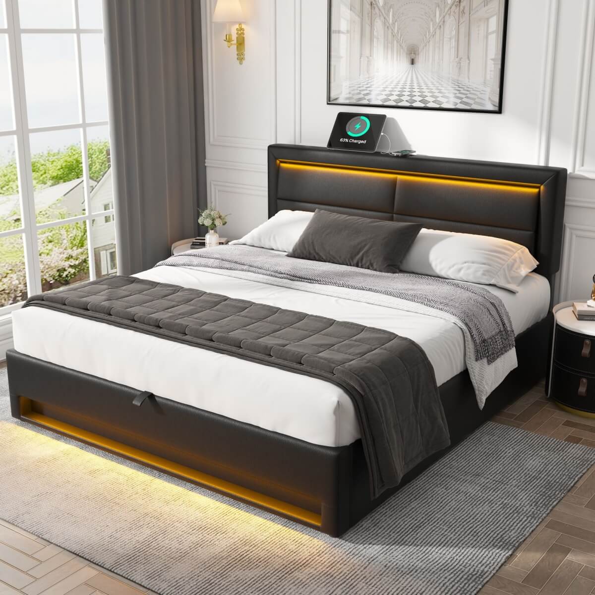 5ft King Size Upholstered LED Storage Bed - USB & Wireless Charging Bed Frame, Black