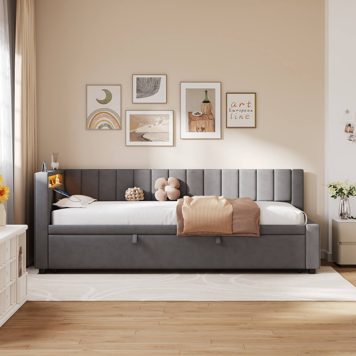 3ft Single Velvet Daybed with Trundle - Reversible Sofa Bed with RGB LED Lights and Charging Station, Grey