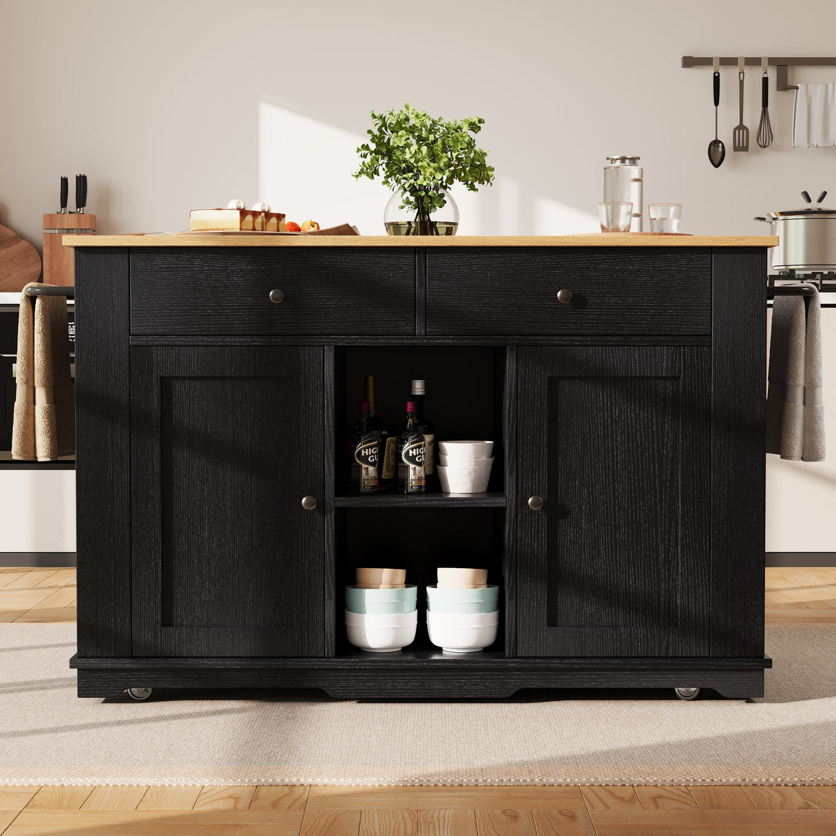 Kitchen Island with Power Strip and Wood Grain, Black