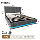 Ottoman King Bed with LED Lighting, Hydraulic Storage, and Adjustable Channel Tufted Headboard, Grey PU Leather